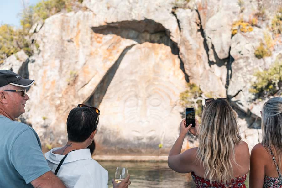 Taupo: Māori Rock Carvings Lake Taupo Catamaran Tour - From Taupo Sailing Adventures berth to cruising Lake Taupō